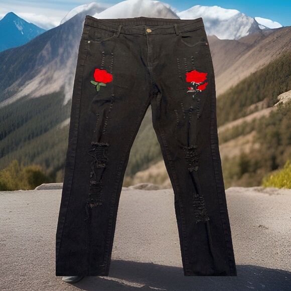 Chic Rose Floral Embroidered Ripped Design Skinny Jeans Distressed- Black 38 - Picture 7 of 7